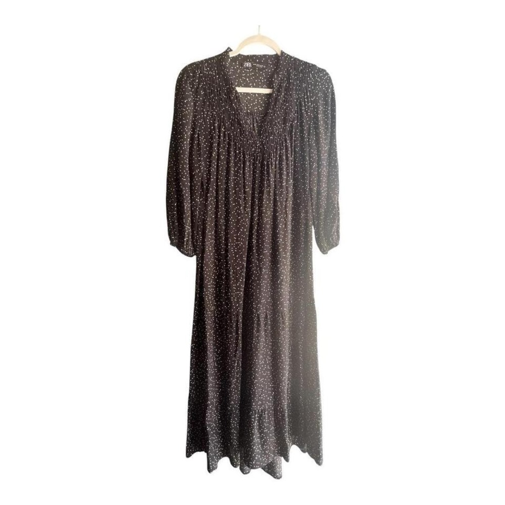 Zara black polka dot midi dress XS smocked bodice tiered gothic romantic
